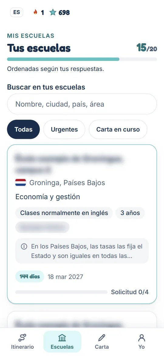 La lista de tus universidades, ordenadas según tus respuestas