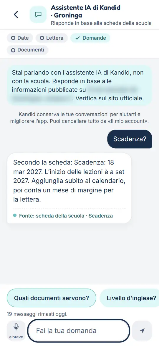 Domande su un'università: una domanda e la sua risposta con fonte.