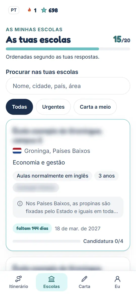 A lista das tuas universidades, ordenadas segundo as tuas respostas