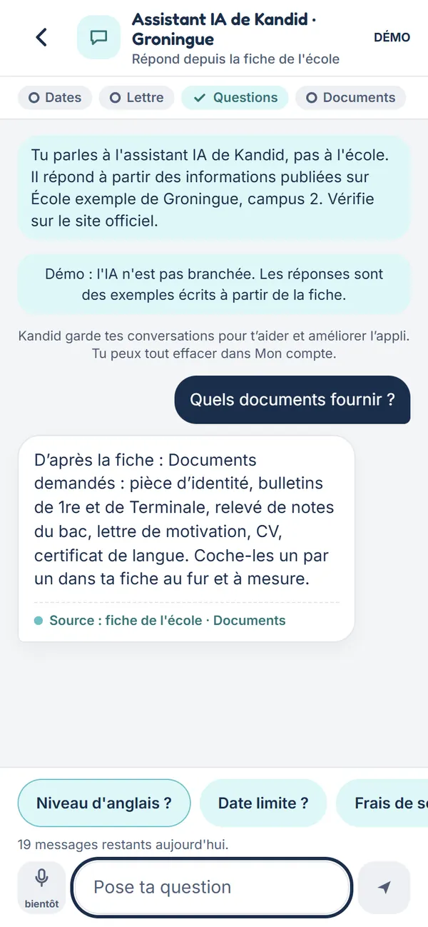Écran des questions sur une école : une question et sa réponse sourcée.