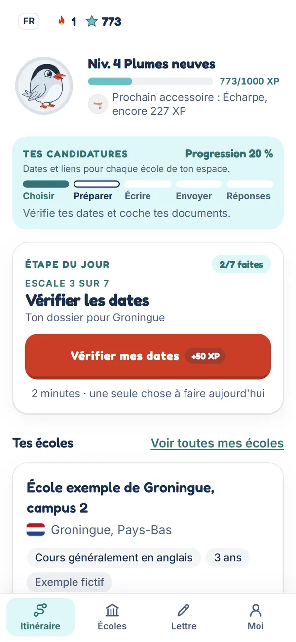 Écran de l'itinéraire : l'étape du jour et tes candidatures.