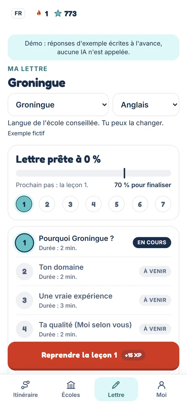 Écran de l'atelier lettre : les leçons et la progression.