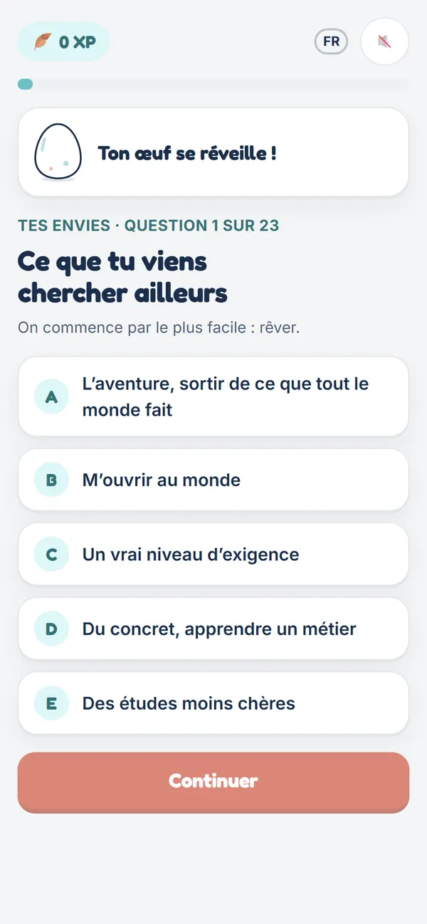Écran du test : une question et ses cinq réponses.