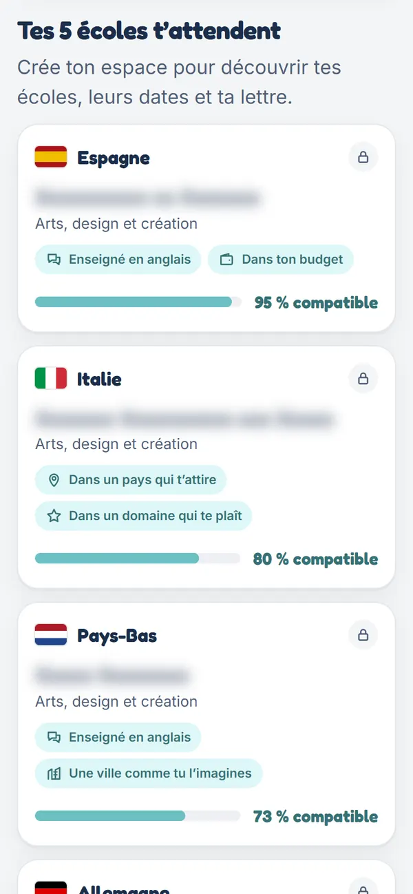Écran du résultat : des écoles par pays, avec leurs raisons.