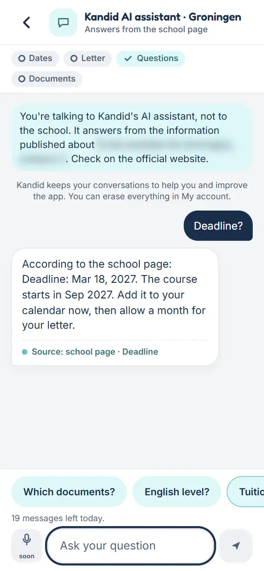 Questions about a university: one question and its sourced answer.