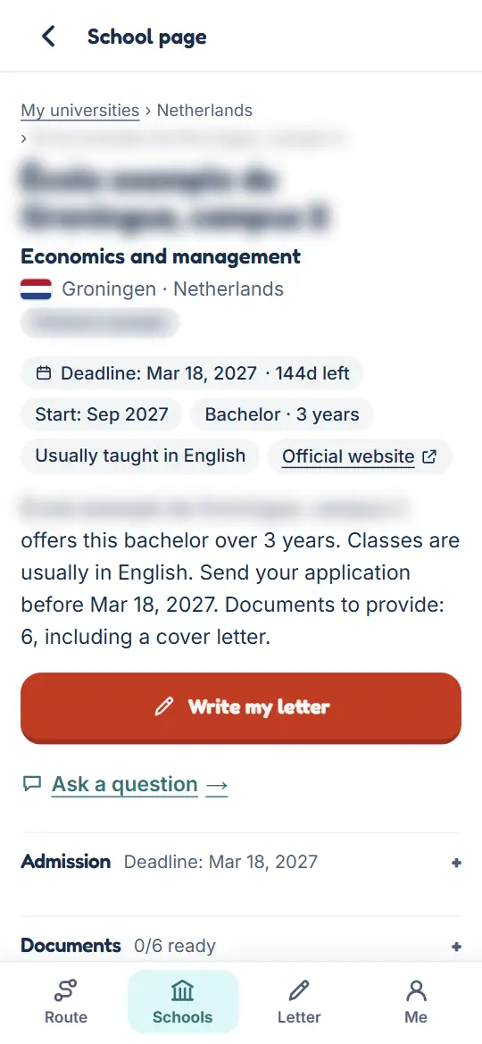 University page screen: deadline, start date, language, official website.