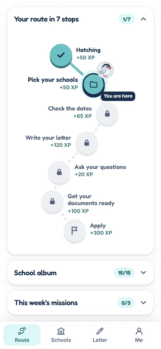 Route screen: today's step and your applications.