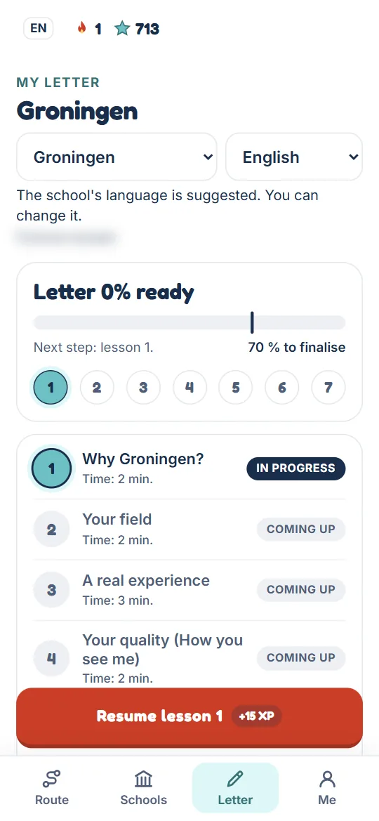 Letter workshop screen: the lessons and your progress.
