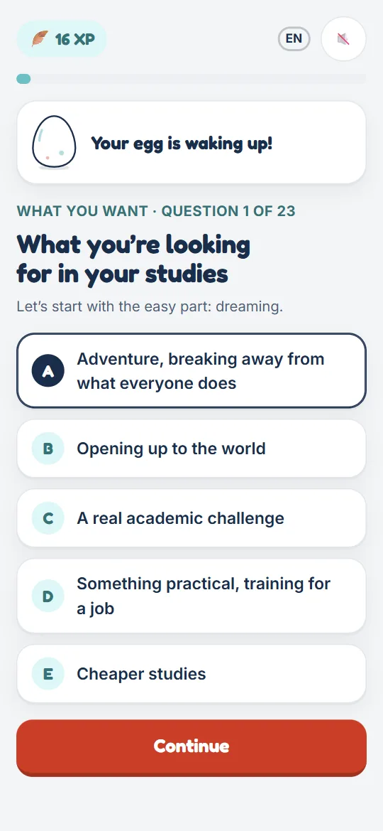 Test screen: one question and its five answers.