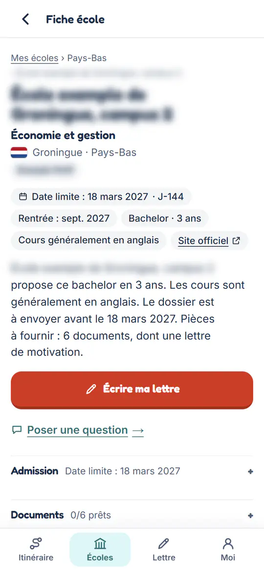 Une fiche école : date limite, rentrée, langue des cours